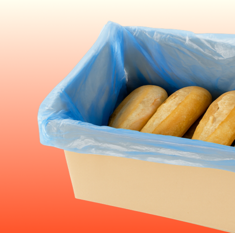 Food packaging with polyethylene film protecting fresh bread