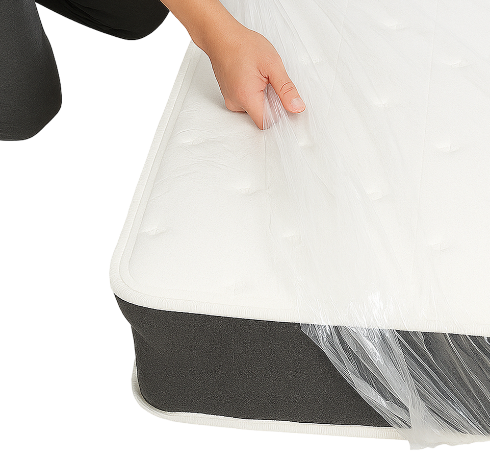 Mattress wrapped in protective polyethylene bag for storage and moving