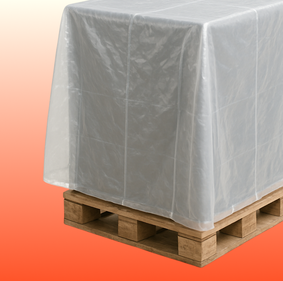 Pallet covered with protective polyethylene film for storage and transportation