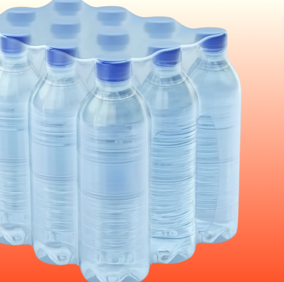 Shrink wrapped water bottles showcasing polyethylene film application
